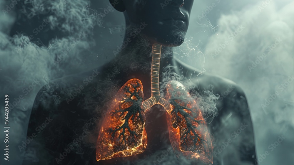 Sick smoker's dark burning lungs damaged from tobacco and smoke, lung
