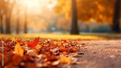 Close-Up of Fallen Autumn Leaves with Sun Flare