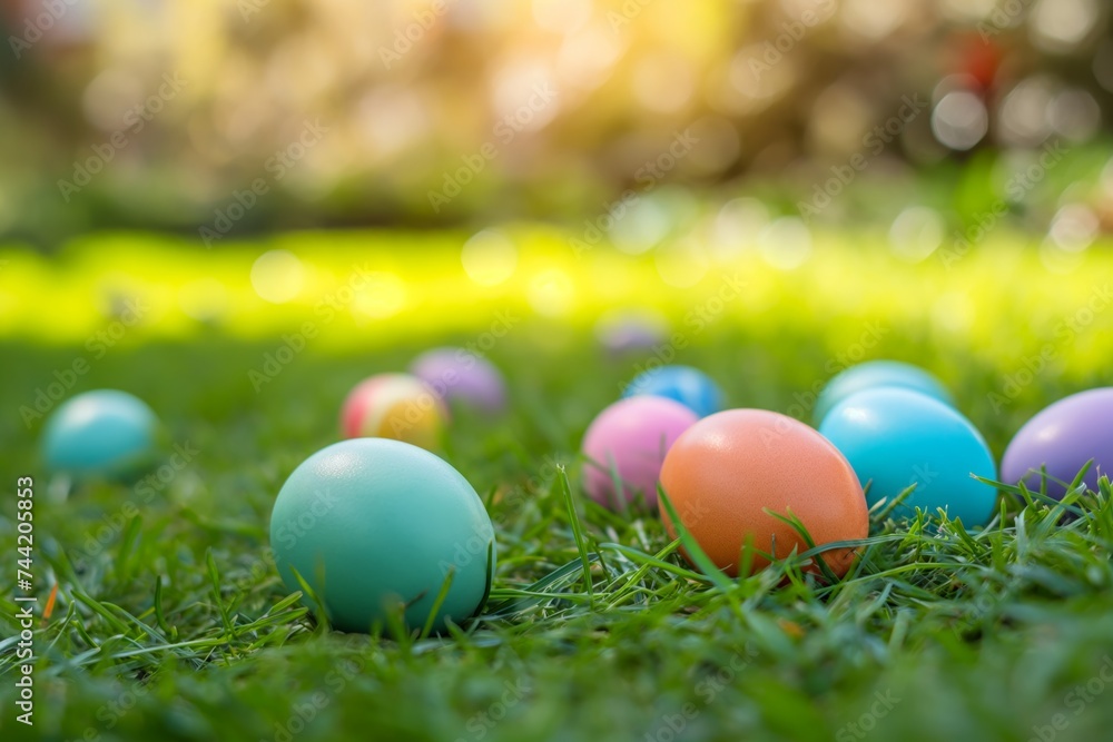 Colorful Easter Eggs Nestled in Lush Green Grass with Sunlight. Egg hunt, childrens Easter tradition Colorful Easter Eggs Nestled in Lush Green Grass with Sunlight. Egg hunt, childrens Easter tradition