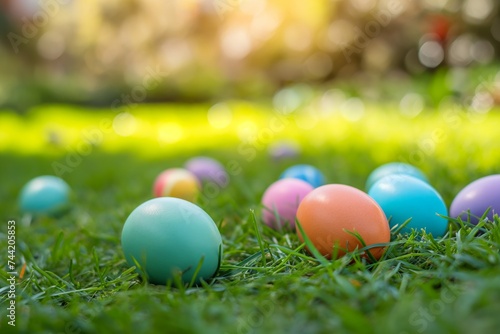 Colorful Easter Eggs Nestled in Lush Green Grass with Sunlight. Egg hunt, childrens Easter tradition