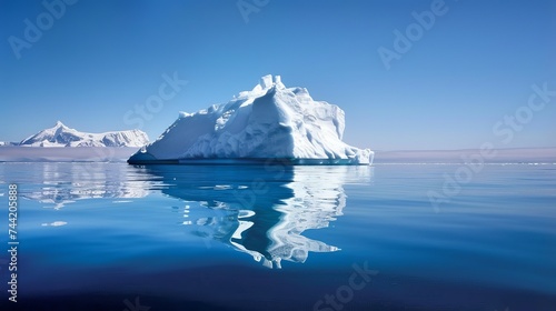 A majestic iceberg stands tall in the arctic ocean  its snow-covered peak reflecting in the tranquil waters  a stunning example of the beauty and fragility of nature