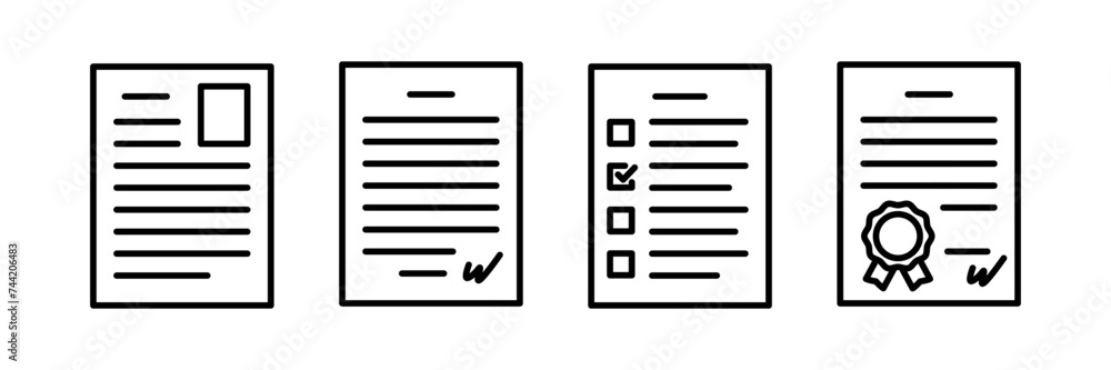 Document line icon set in flat style. Profile, questionnaire, certificate and contract symbols on a white background. Simple abstract icons. Vector illustration for graphic design, web, mobile app, ui Document line icon set in flat style. Profile, questionnaire, certificate and contract symbols on a white background. Simple abstract icons. Vector illustration for graphic design, web, mobile app, ui