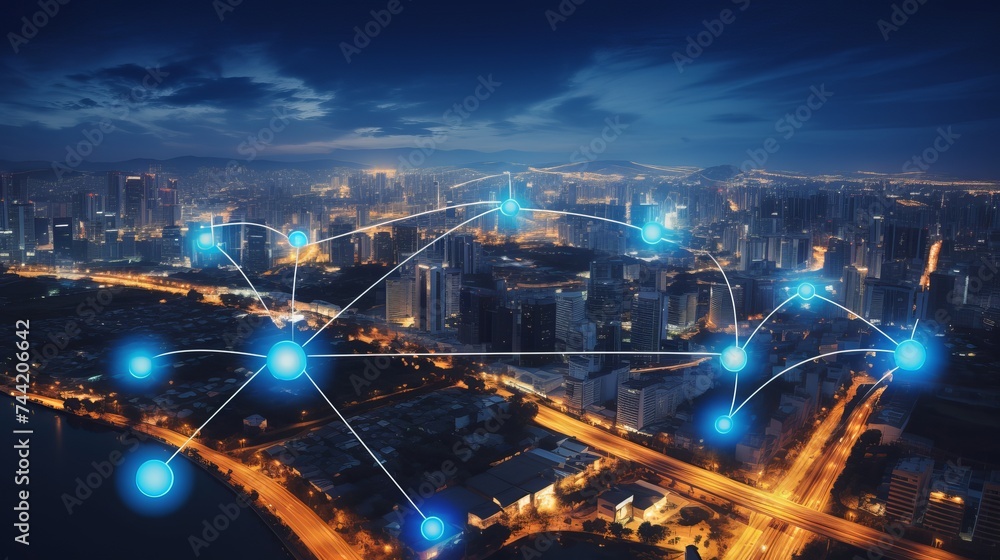 Panorama aerial view in the cityscape skyline with smart services and icons, internet of things, networks and augmented reality concept , night scene Panorama aerial view in the cityscape skyline with smart services and icons, internet of things, networks and augmented reality concept , night scene