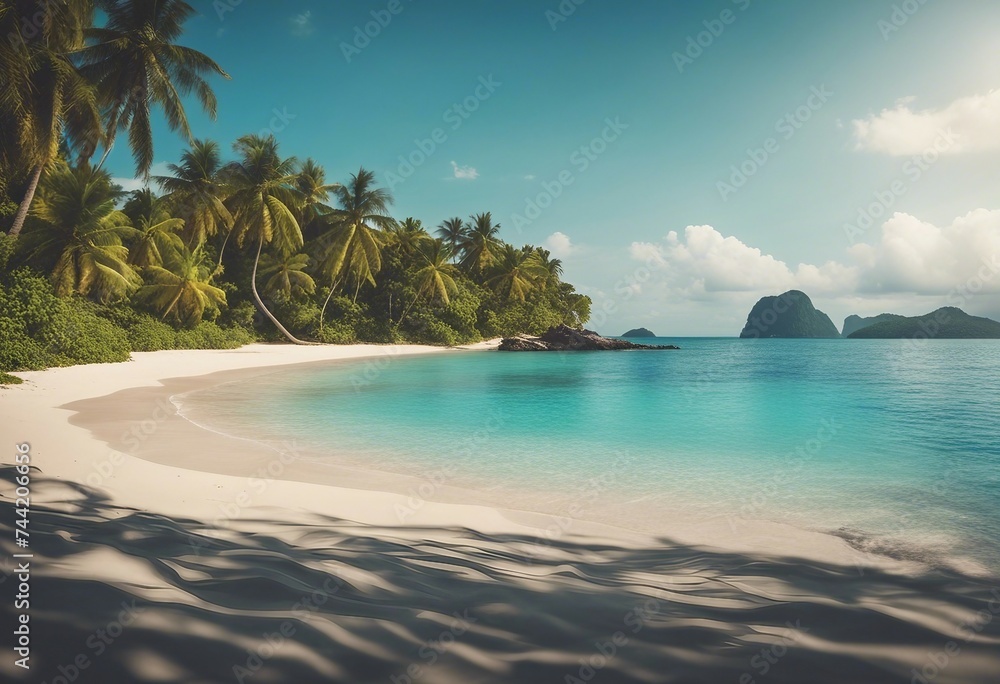 Sandy tropical beach with island on background Paradise holiday Travel and vacation concept Summer escape from reality