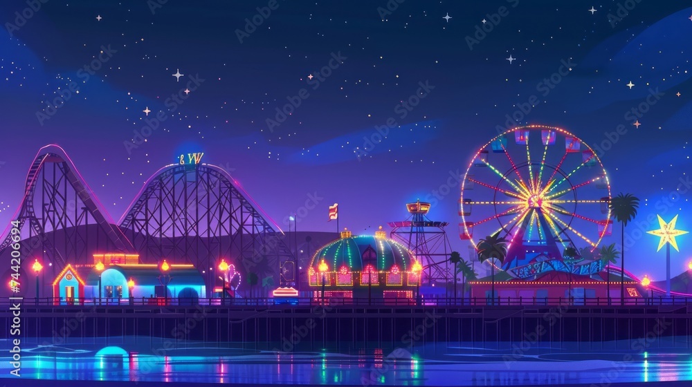 Amusement park at night - ferris wheel and motion rollercoaster - obrazy, fototapety, plakaty 