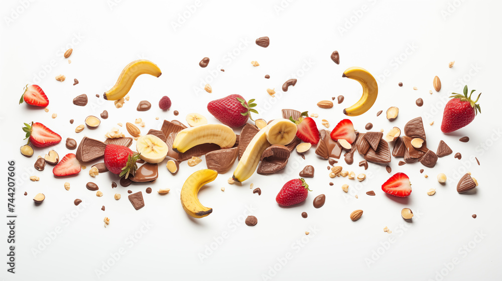 Colorful array of fruits, nuts, and chocolate pieces arranged beautifully Colorful array of fruits, nuts, and chocolate pieces arranged beautifully