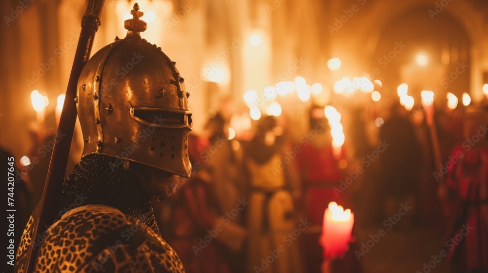 A determined figure, illuminated by the flickering candlelight, braves the intense heat of the roaring fire while donning a protective helmet - obrazy, fototapety, plakaty 