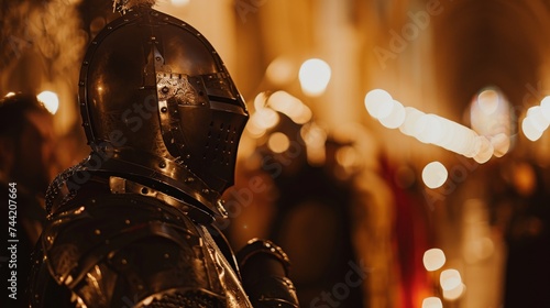 Amidst the dark of night, a glimmering figure dons their armor, ready to face whatever challenges may come photo