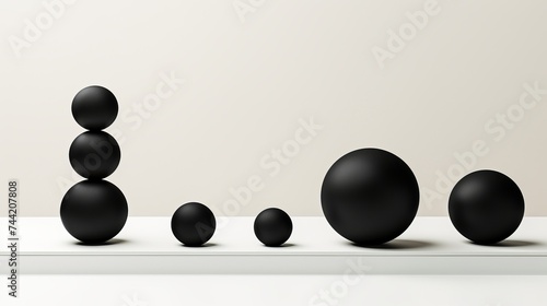 Small and big black spheres balancing on minimalist style geometric scales against white background
