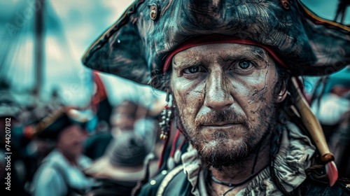 A rugged pirate clad in weathered garments gazes out onto the bustling street, his wrinkled face telling tales of a life at sea
