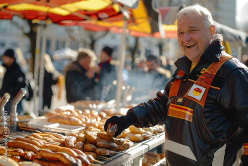 Smiling Vendor Serving Traditional bratwurst at German Market