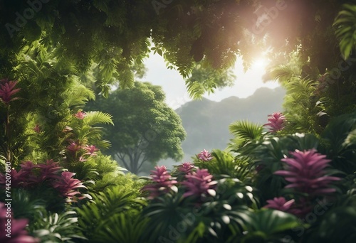 Shrubs tropics tree flowery shapes cut out View through fantasy fairy tropical forest in spring