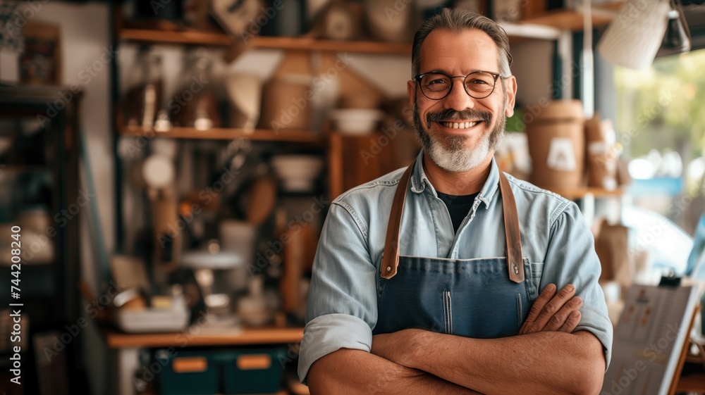Smiling craftsman in workshop with crossed arms Smiling craftsman in workshop with crossed arms