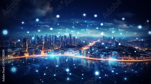 Smart city and abstract dot point connect with gradient line and aesthetic Intricate wave line design , big data connection technology concept