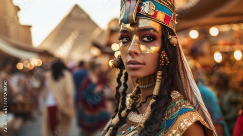 A fashionable woman adorned in traditional carnival attire, with a captivating human face, stands confidently on the street, showcasing her unique fashion accessories and embodying the spirit of outd photo