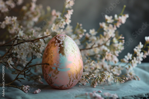 A pastel Easter egg with golden accents lies amidst soft, fluffy blossoms, creating a dreamy spring ambiance. Ideal for luxurious seasonal promotions and artistic conceptual designs photo