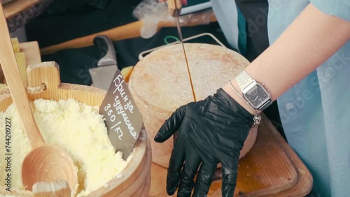 Cutting traditional cheese on the food market. Farmer cuts cheese wheel on two at the food festival. Assortment of kraft cheese on the counter during the fair