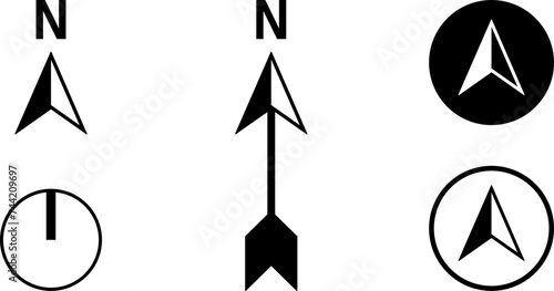 Basic Black and White North Arrow Sign Symbol Icon Set for Map Orientation. Vector Image.