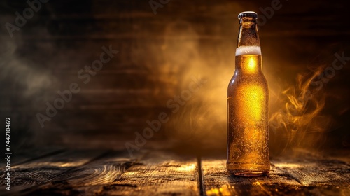 Close-up of a single brown beer bottle on a wooden table with a dark background photo