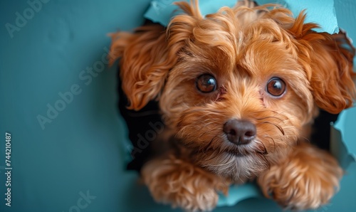 Funny maltipoo puppy punching a hole with his head in blue paper in studio with copy space