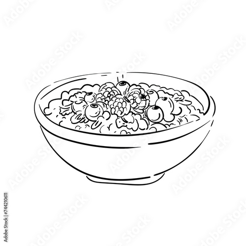 Oatmeal Breakfast with berries and fruit in bowl on table. Vector Hand Drawn Illustration. Sketch corn flake porridge. Raspberry, blueberry