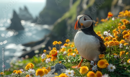 A puffin standing in the mountains against the background of the mountains and the sea