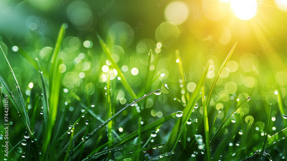 Fresh green grass with morning dew glistening in sunlight.