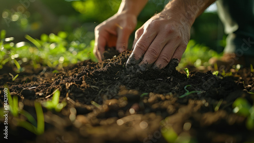 Man's hands inspect the soil
