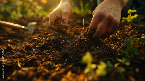 A hand holding a young plant in cultivated soil.