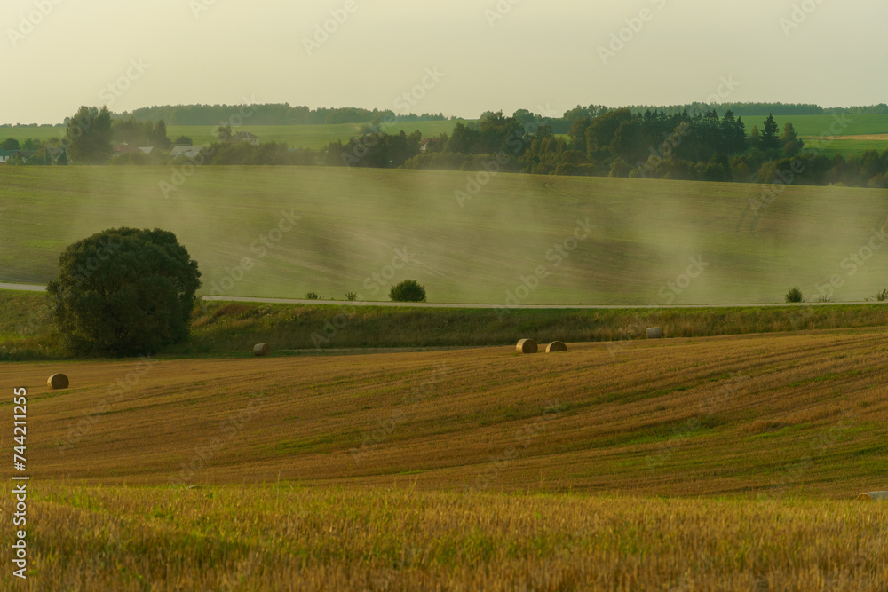 Fototapeta premium A haystack in a field against the background of beautiful clouds after the rain. Harvesting of grain crops. Harvesting straw for animal feed. The end of the harvest season. Round bales of hay