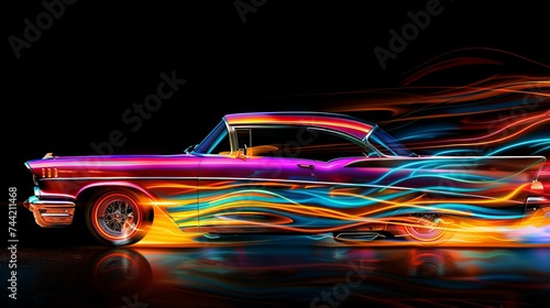 Colorful flaming car on black background. 