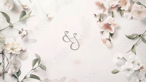 "The floral wedding invitation card template features Somei Yoshino sakura flowers and leaves, complemented by ampersand lettering, all set against a white background with a pastel vintage theme © Marry