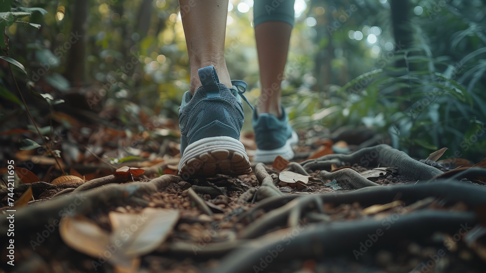 A woman jogging in a forest during autumn. A woman jogging in a forest during autumn.