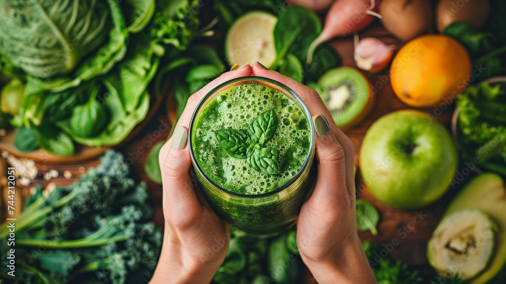 A healthy green smoothie in a glass.