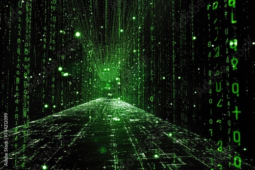 A photo of a tunnel-like image filled with green and black numbers creating a captivating visual display, Green code raining down a black screen, Matrix-like scene, AI Generated