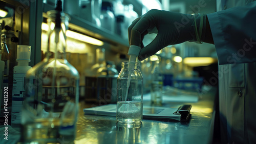 A woman scientist pouring liquid in a chemistry laboratory.