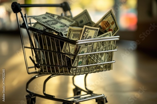 A shopping cart filled with money is placed on top of a table, showcasing an abundant amount of cash, Grocery cart overflowing with money to illustrate inflation in the cost of living, AI Generated photo