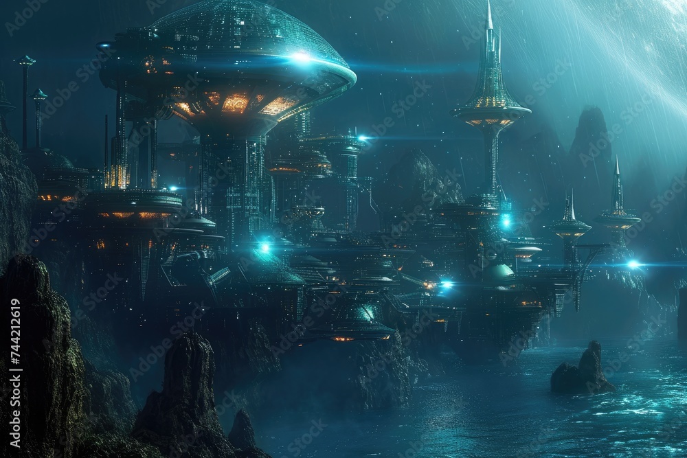 A Futuristic City in the Middle of a Body of Water, Highly evolved underwater alien civilization thriving amidst advanced technological structures, AI Generated - obrazy, fototapety, plakaty 