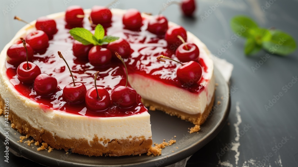A cherry-topped cheesecake on a dark plate A cherry-topped cheesecake on a dark plate