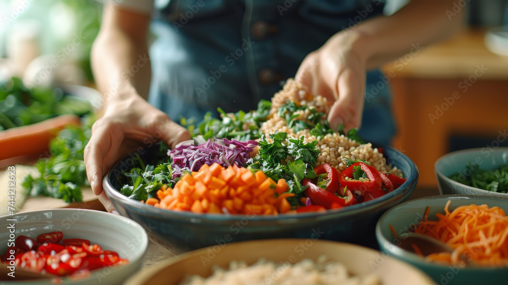 Woman preparing a fresh salad in the kitchen. Woman preparing a fresh salad in the kitchen.
