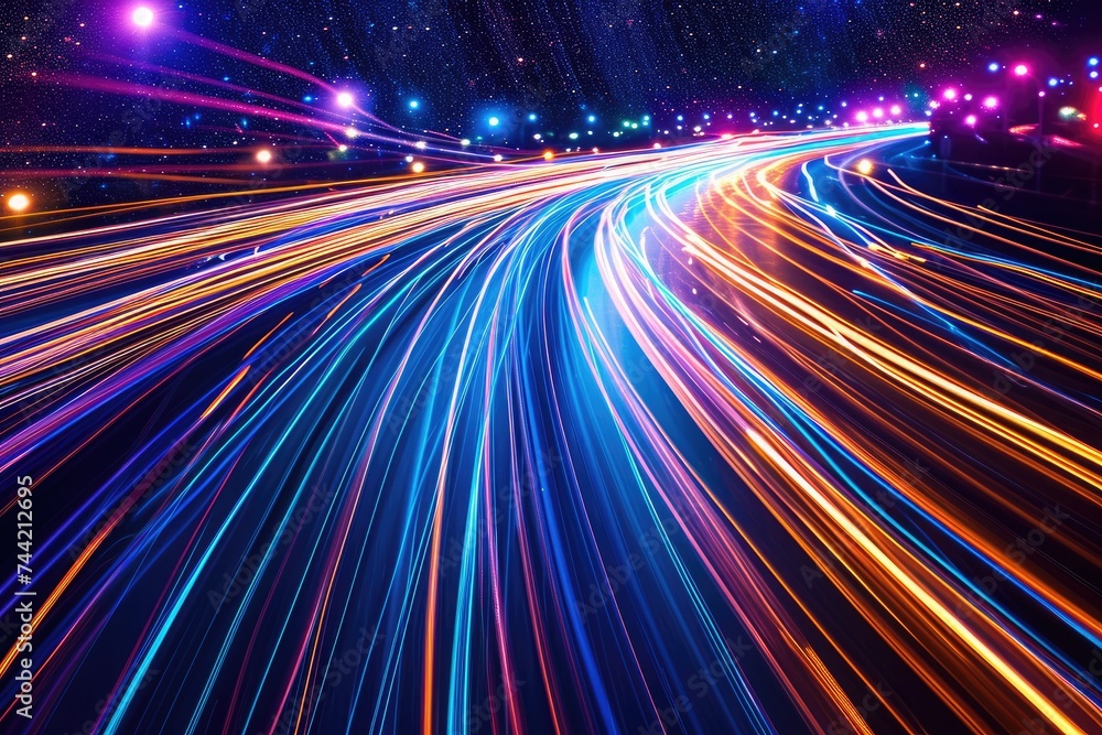 Long Exposure Photo of a City Street at Night, High-speed internet represented by streaks of light, AI Generated