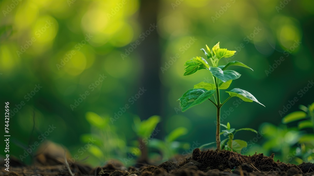 A small plant growing in soil with sunlight A small plant growing in soil with sunlight