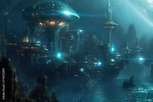 A Futuristic City in the Middle of a Body of Water, Highly evolved underwater alien civilization thriving amidst advanced technological structures, AI Generated