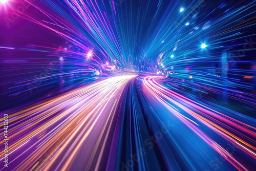 A long exposure photograph capturing the vibrant movement of vehicles and pedestrians on a city street at night, High-speed internet represented by streaks of light, AI Generated