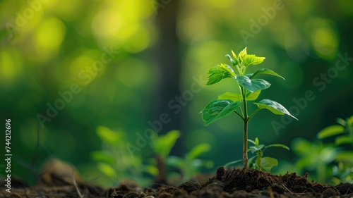 A small plant growing in soil with sunlight