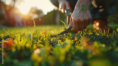 A woman young working in the garden, holding a green leaf.