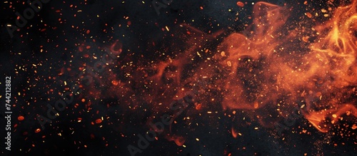 A close-up photograph capturing the intense fire particles and debris, providing a film texture effect, against a black background.