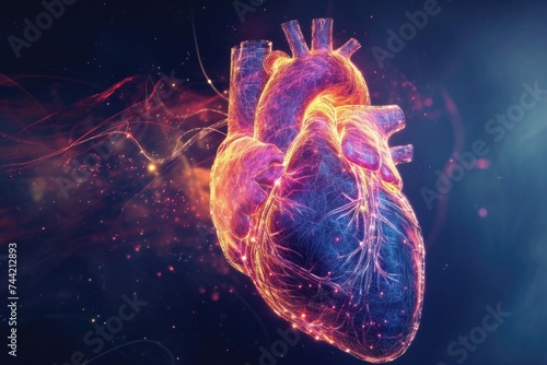 A computer-generated image depicting the anatomical structure and details of a human heart, Holographic visualization of a human heart, AI Generated