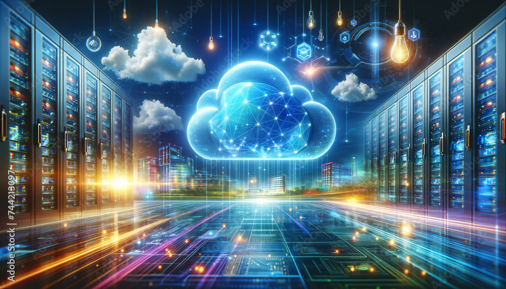 Obraz premium Modern public cloud technology concept with vibrant data center and network connections