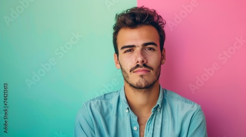 Capture the expression of a casually dressed male with stylish clothing, Create a portrait shot against a colorful background, emphasizing the expression on his face.
